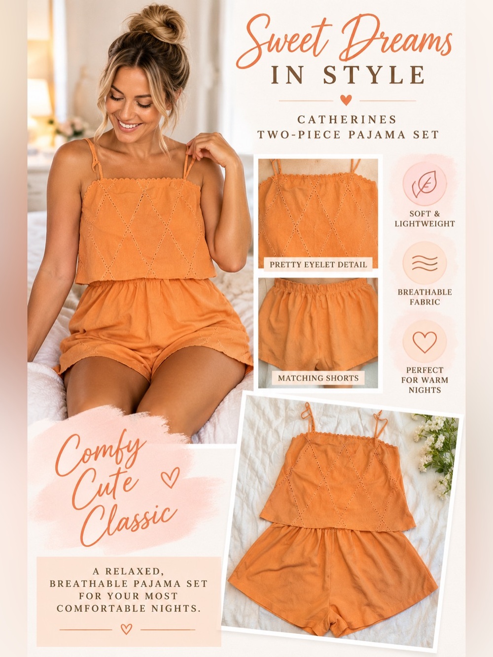 Catherines Peach-Orange Eyelet Two-Piece Pajama Set